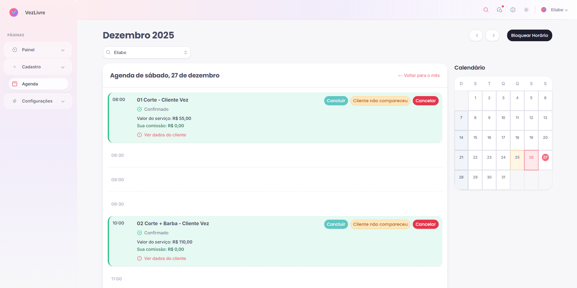 Tela de detalhes da agenda do VezLivre com horários e serviços