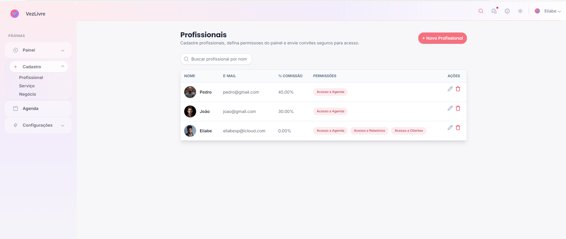 Tela de profissionais do VezLivre com lista e permissões